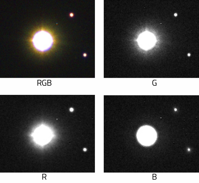 Recensione rifrattore AIRY APO80: fotografia della stella Muscida e i singoli canali RGB