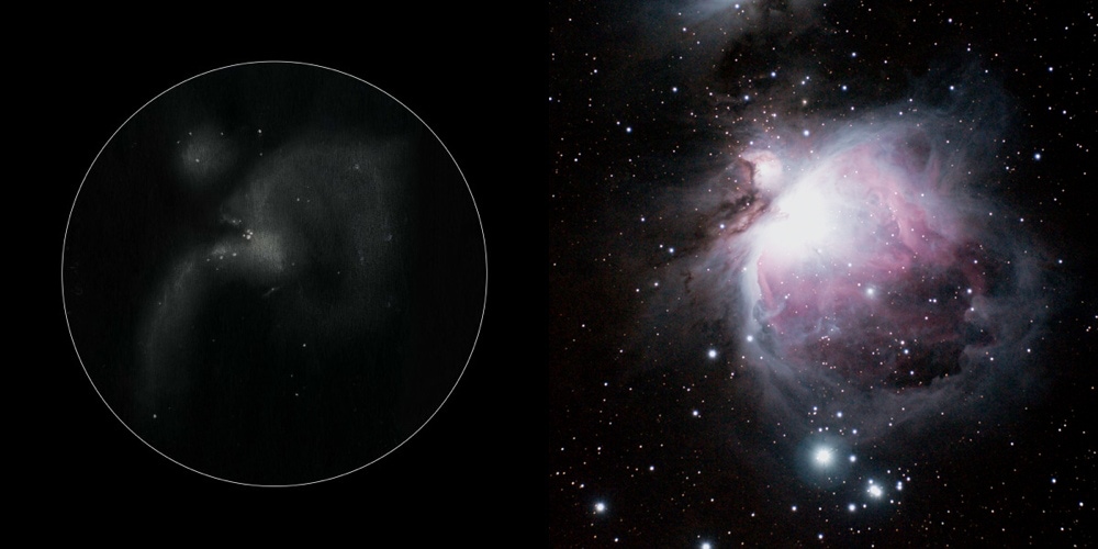 Astrofotografia - introduzione: simulazione di come può si può vedere la Nebulosa di Orione con l'occhio (a sinistra) e come si può fotografare con una moderna camera digitale (destra).