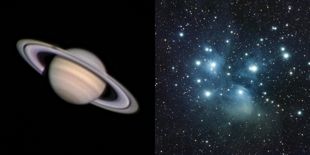 Astrophotography - introduction: Saturn planet (left) and Pleiades star cluster (right), shots by the author.