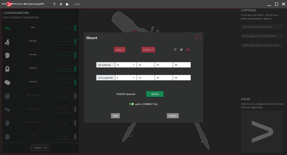 Configure PLAY with telescopes on alt-azi mount