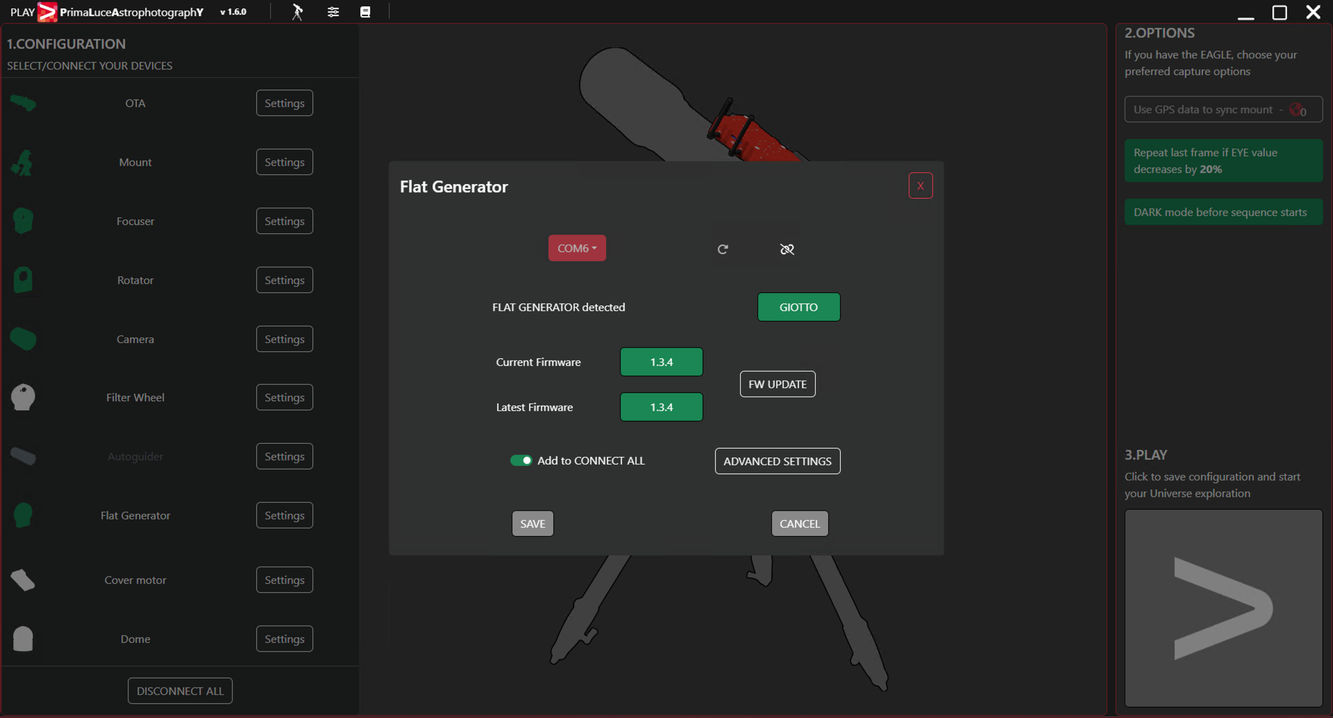 Configurare PLAY con un telescopio su montatura equatoriale