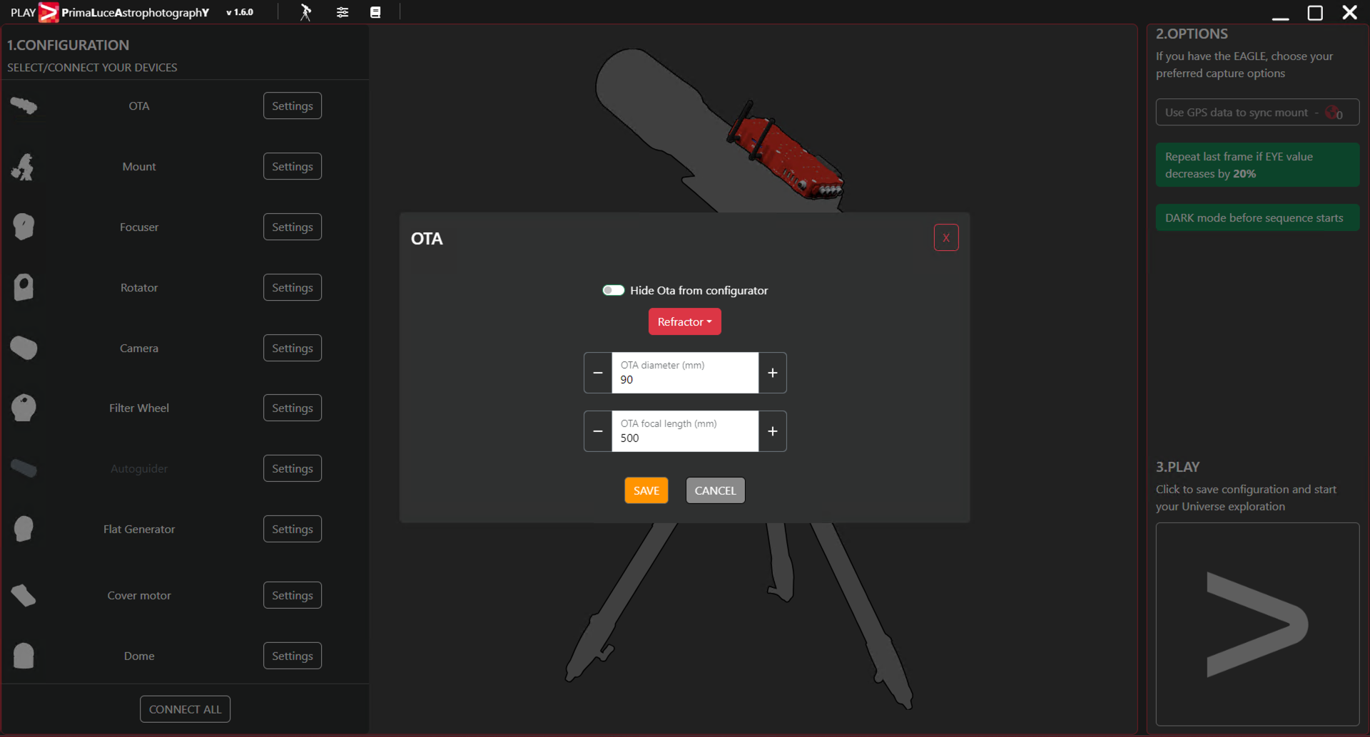 Configure PLAY with telescopes on equatorial mount