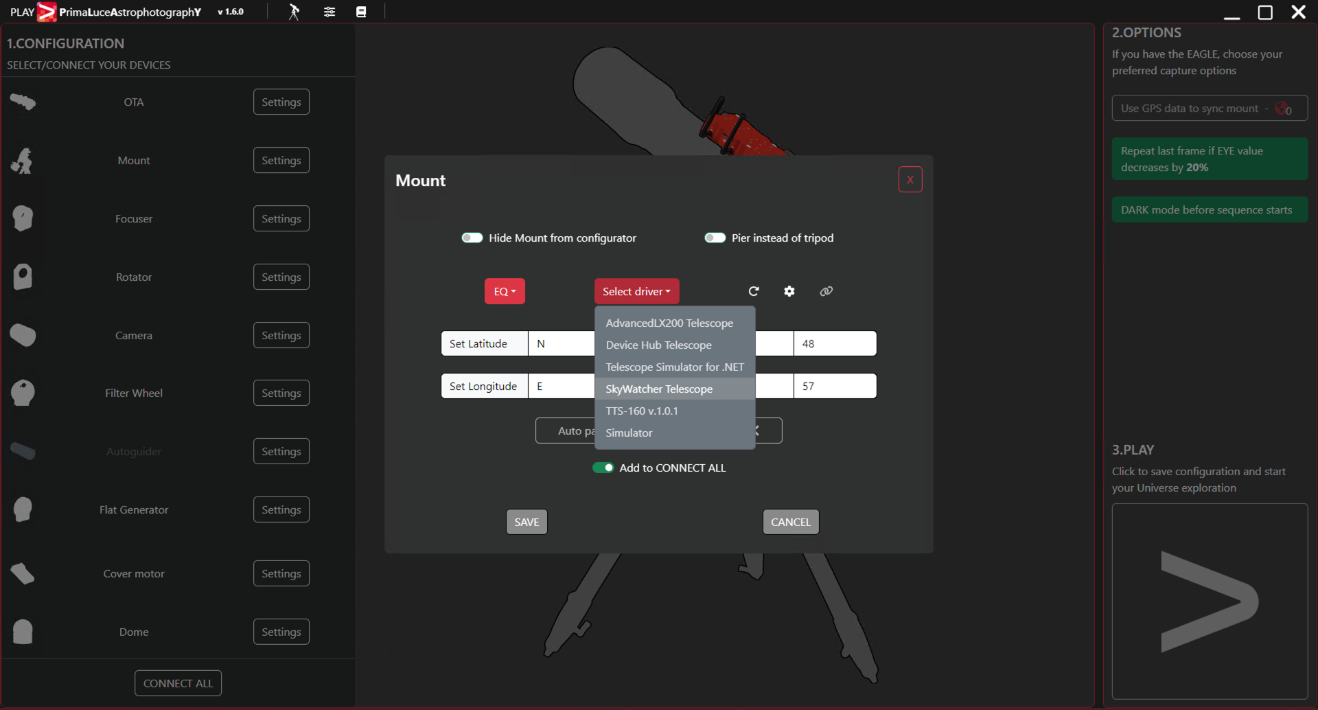 Configure PLAY with telescopes on equatorial mount