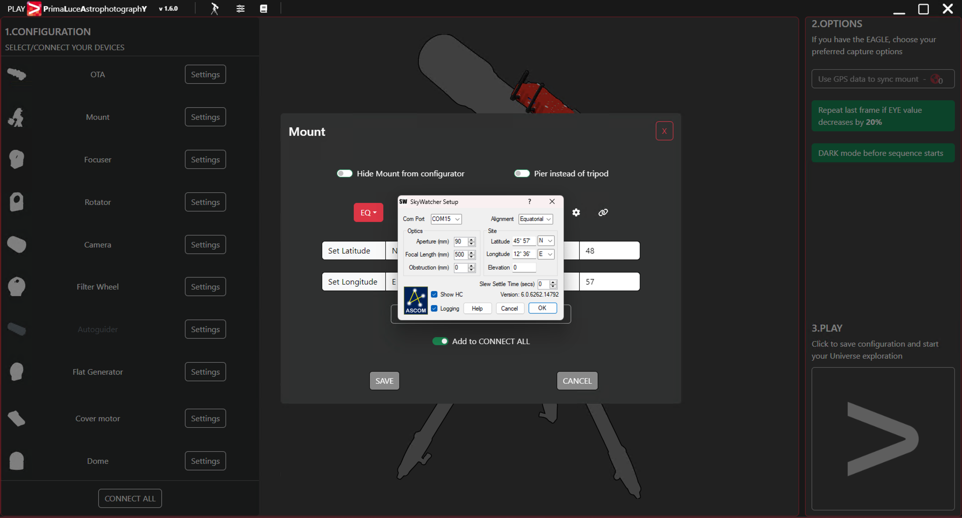 Configure PLAY with telescopes on equatorial mount