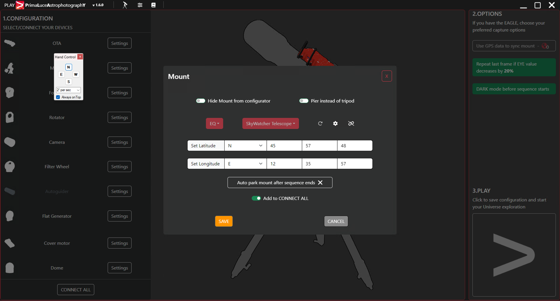 Configure PLAY with telescopes on equatorial mount