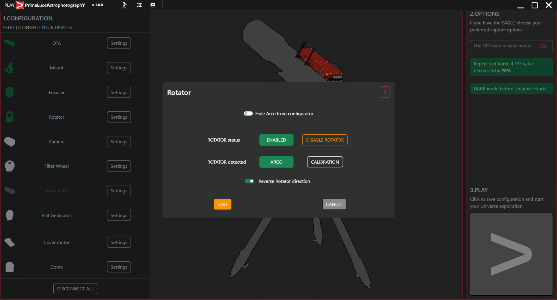 Configure PLAY with telescopes on equatorial mount