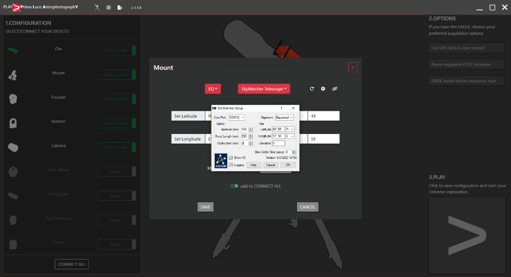 Configure PLAY with telescopes on equatorial mount