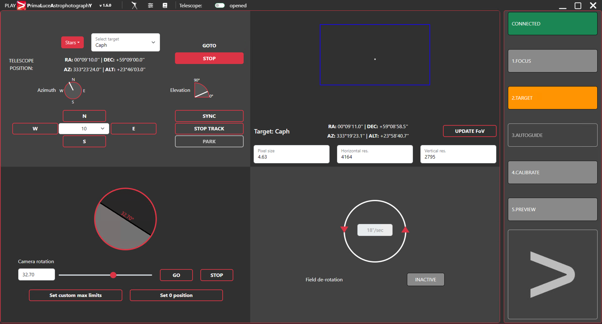 PLAY, how to use TARGET tab to align and point mount to the desired target, and rotate ARCO