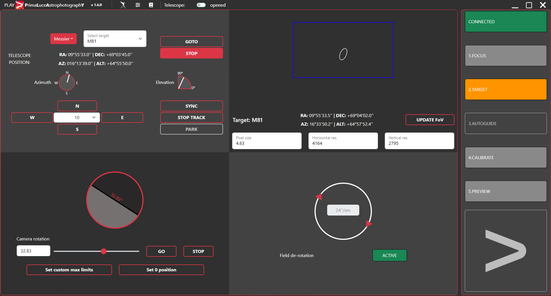 PLAY, how to use TARGET tab to align and point mount to the desired target, and rotate ARCO