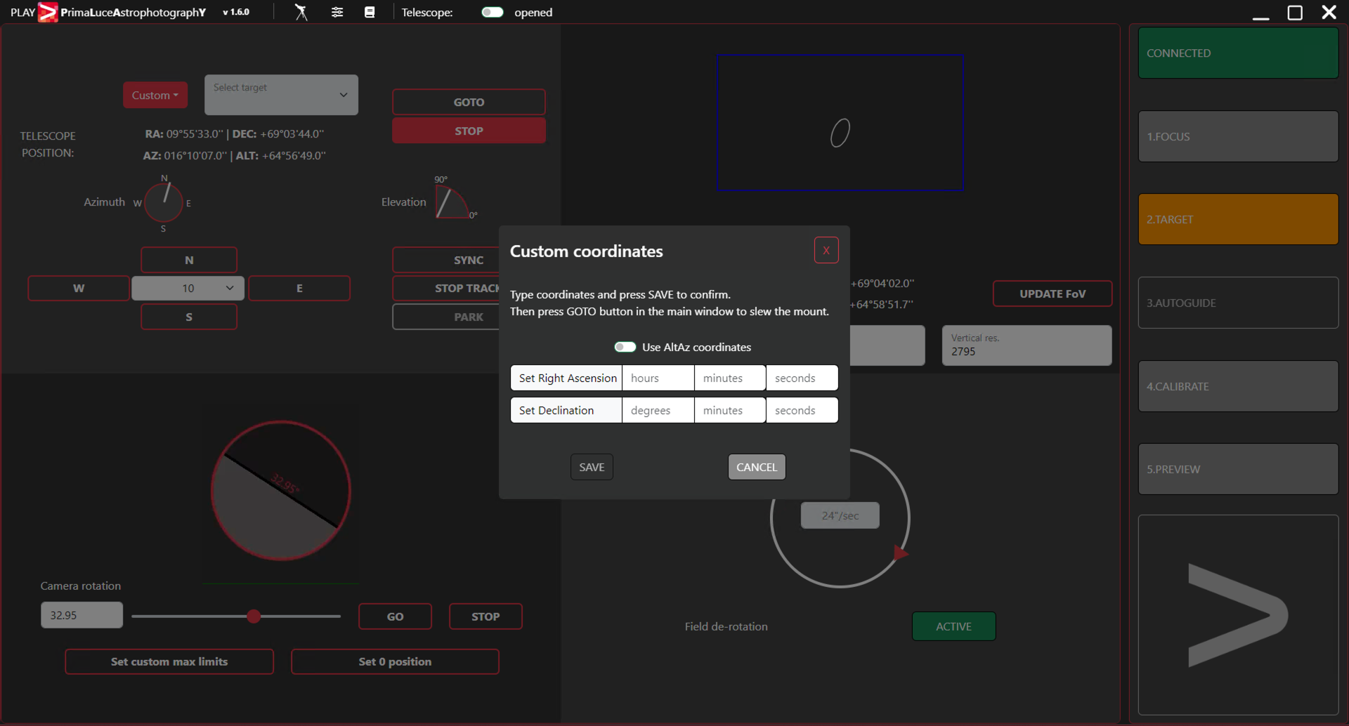 PLAY, how to use TARGET tab to align and point mount to the desired target, and rotate ARCO