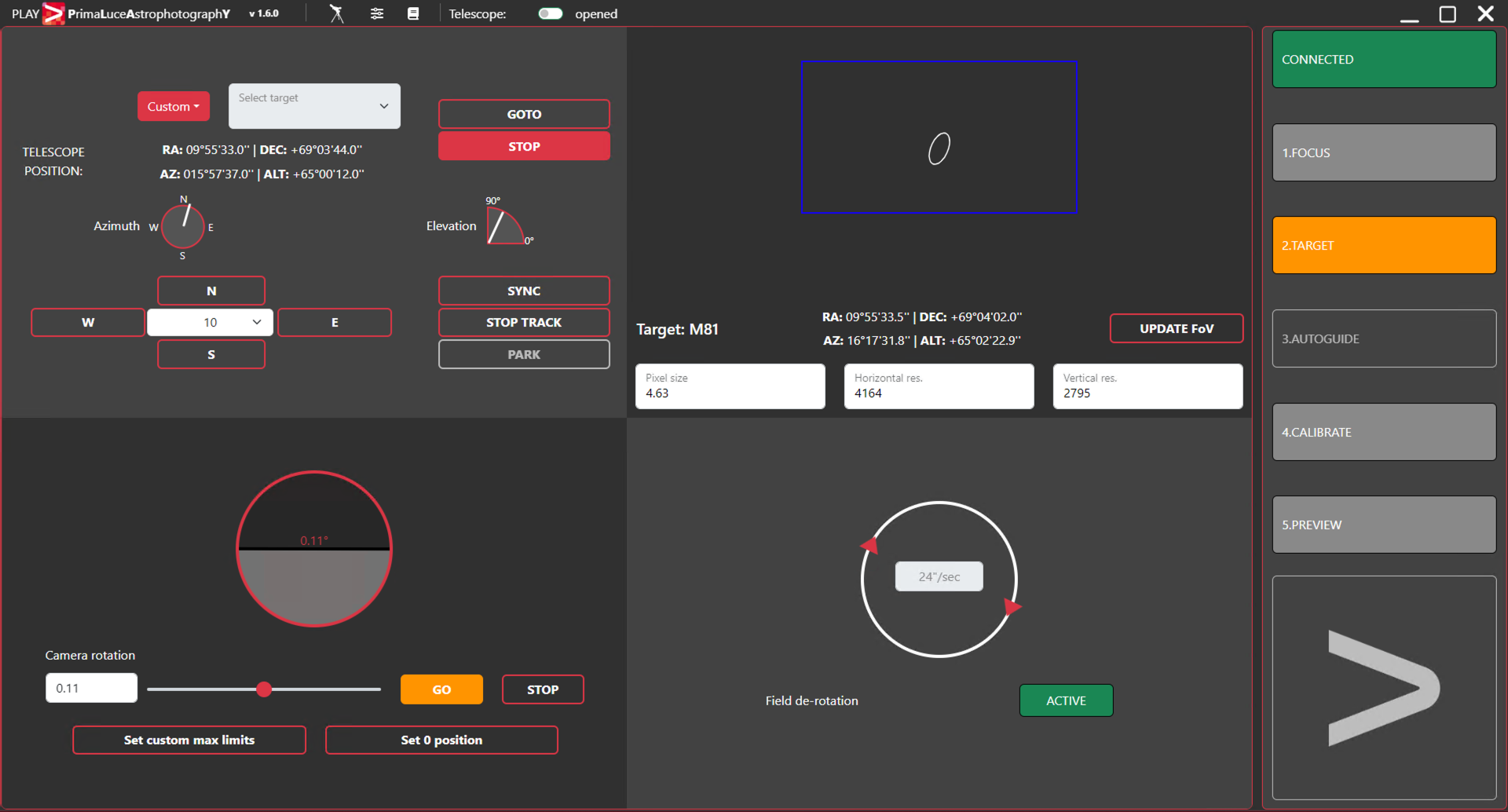 PLAY, how to use TARGET tab to align and point mount to the desired target, and rotate ARCO