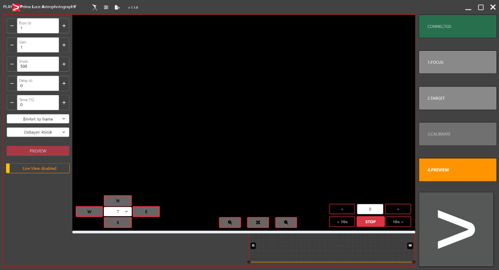 PLAY, how to use PREVIEW tab to set your camera and start image acquisition