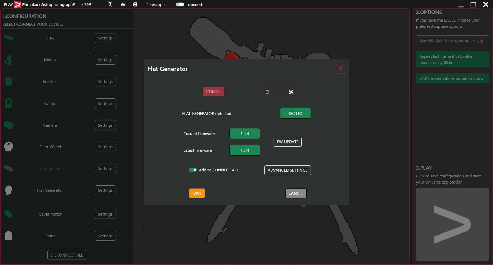 First use: controlling GIOTTO with PLAY software