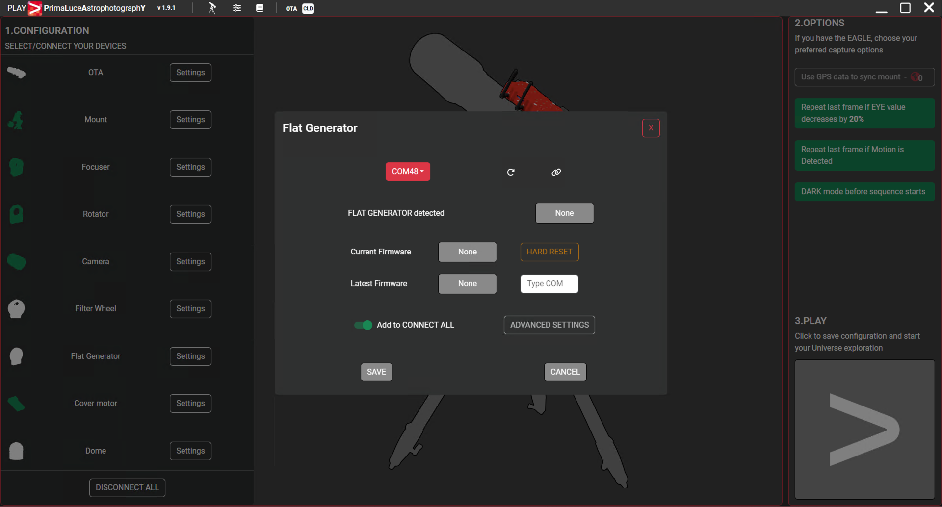 First use: controlling GIOTTO with PLAY software