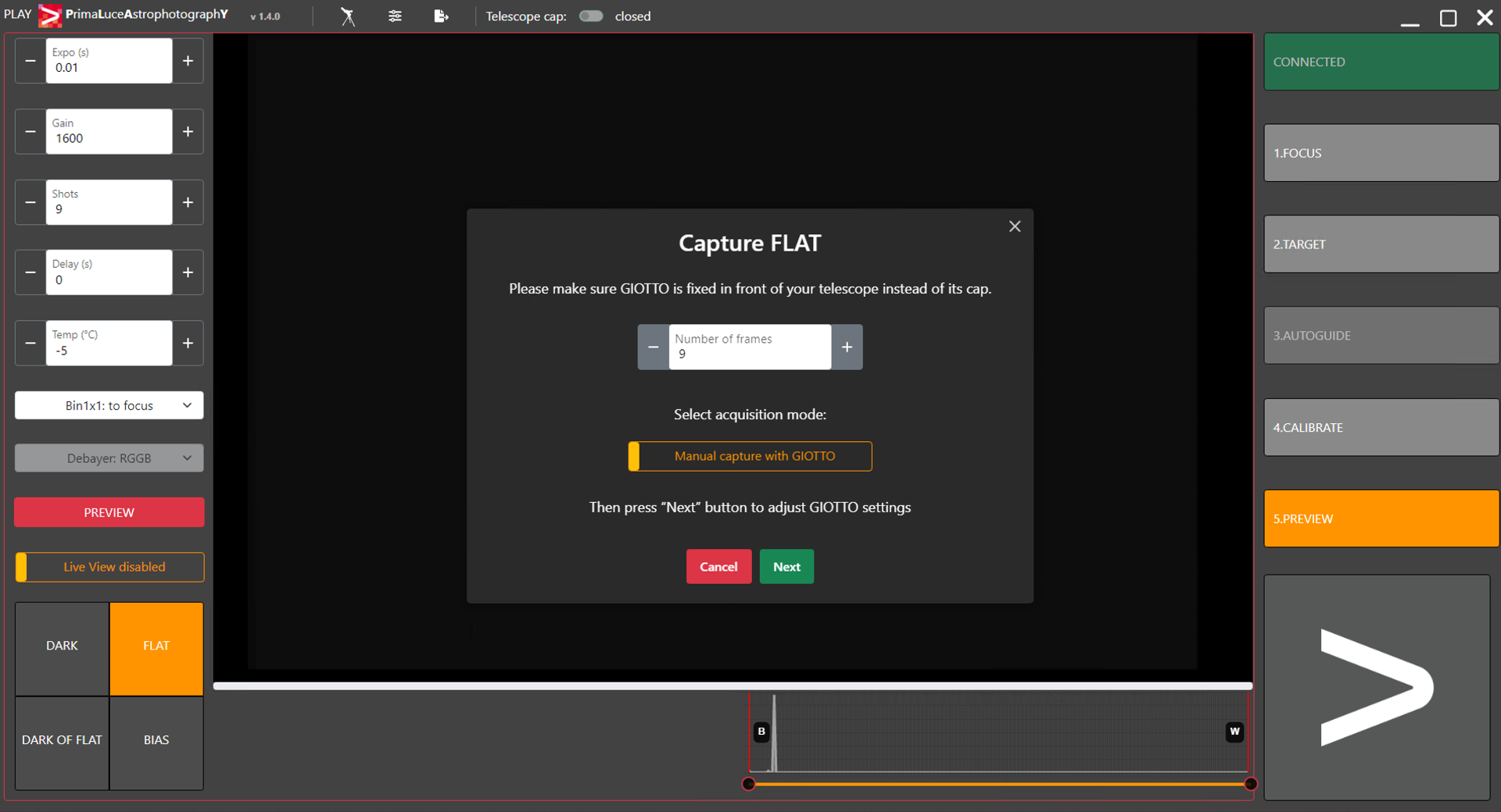 How to record FLAT calibration frames with GIOTTO and PLAY
