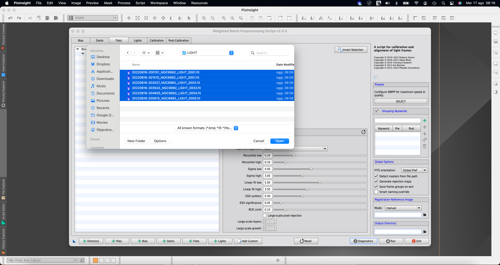 Utilizzare la Weighted Batch Preprocessing di PixInsight per calibrare le immagini registrate con PLAY