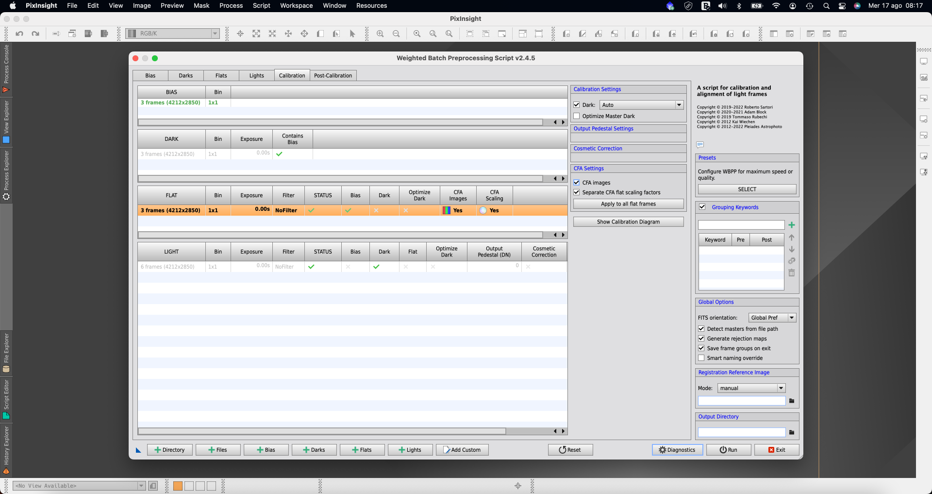 Utilizzare la Weighted Batch Preprocessing di PixInsight per calibrare le immagini registrate con PLAY