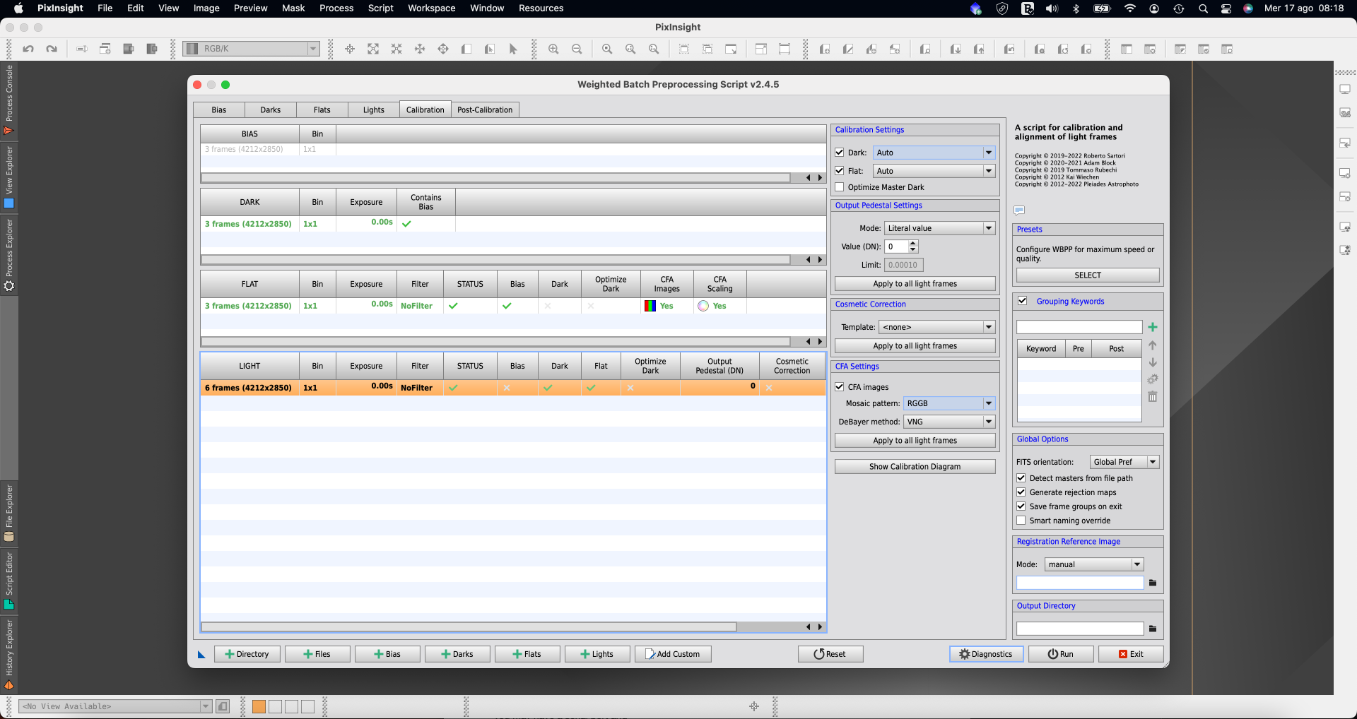 Utilizzare la Weighted Batch Preprocessing di PixInsight per calibrare le immagini registrate con PLAY