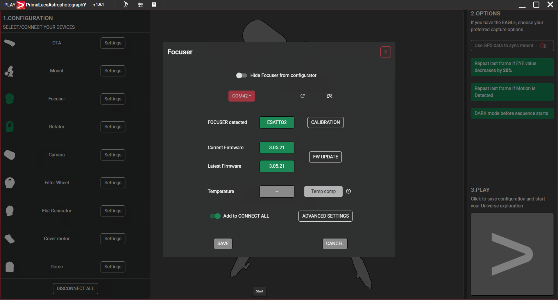 How to control ESATTO with PLAY astrophotography software
