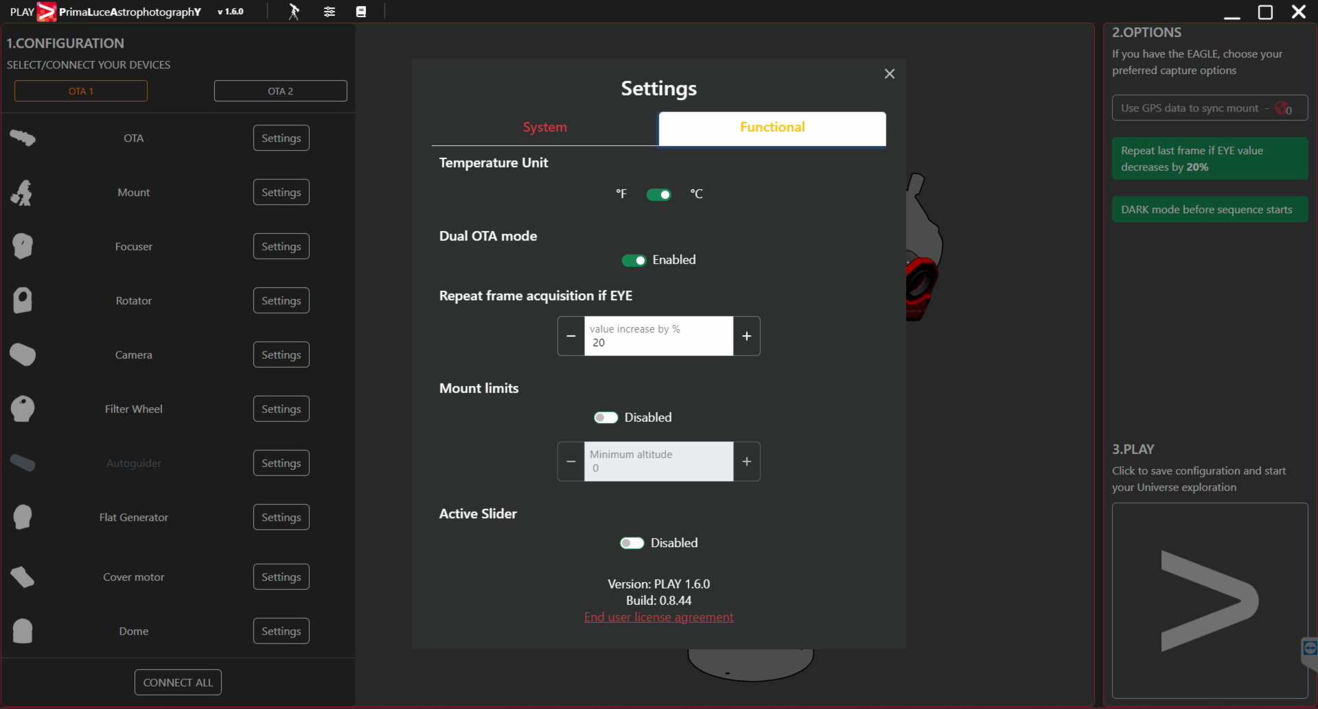 How to enable dual-telescope mode to simultaneously control 2 OTAs in PLAY