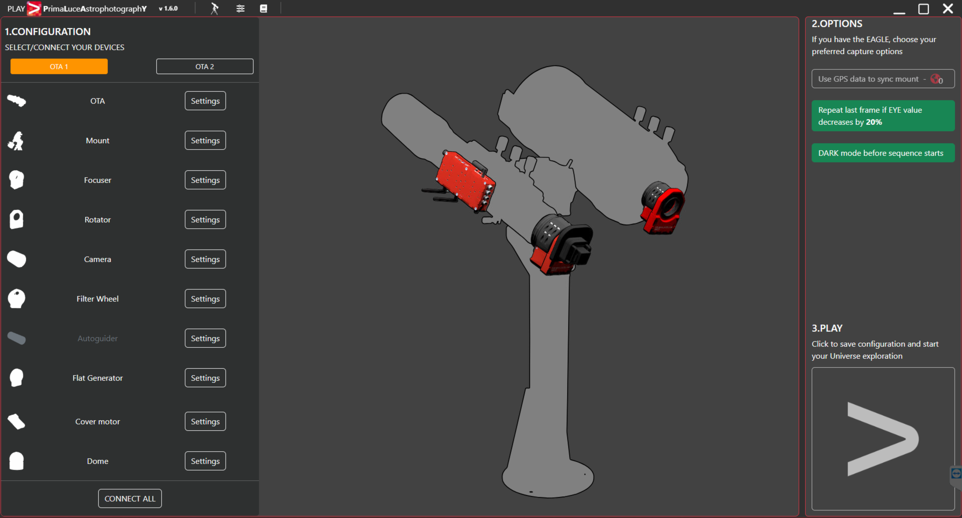 How to enable dual-telescope mode to simultaneously control 2 OTAs in PLAY