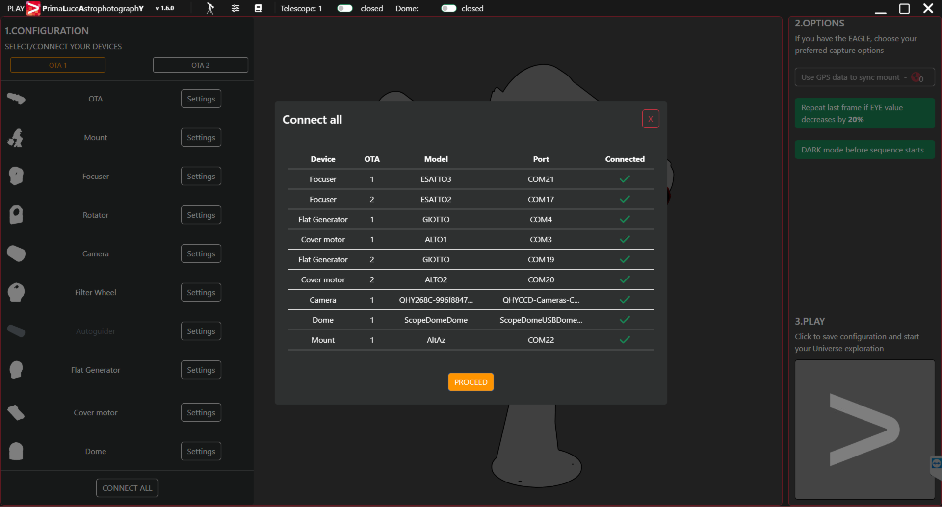 How to enable dual-telescope mode to simultaneously control 2 OTAs in PLAY