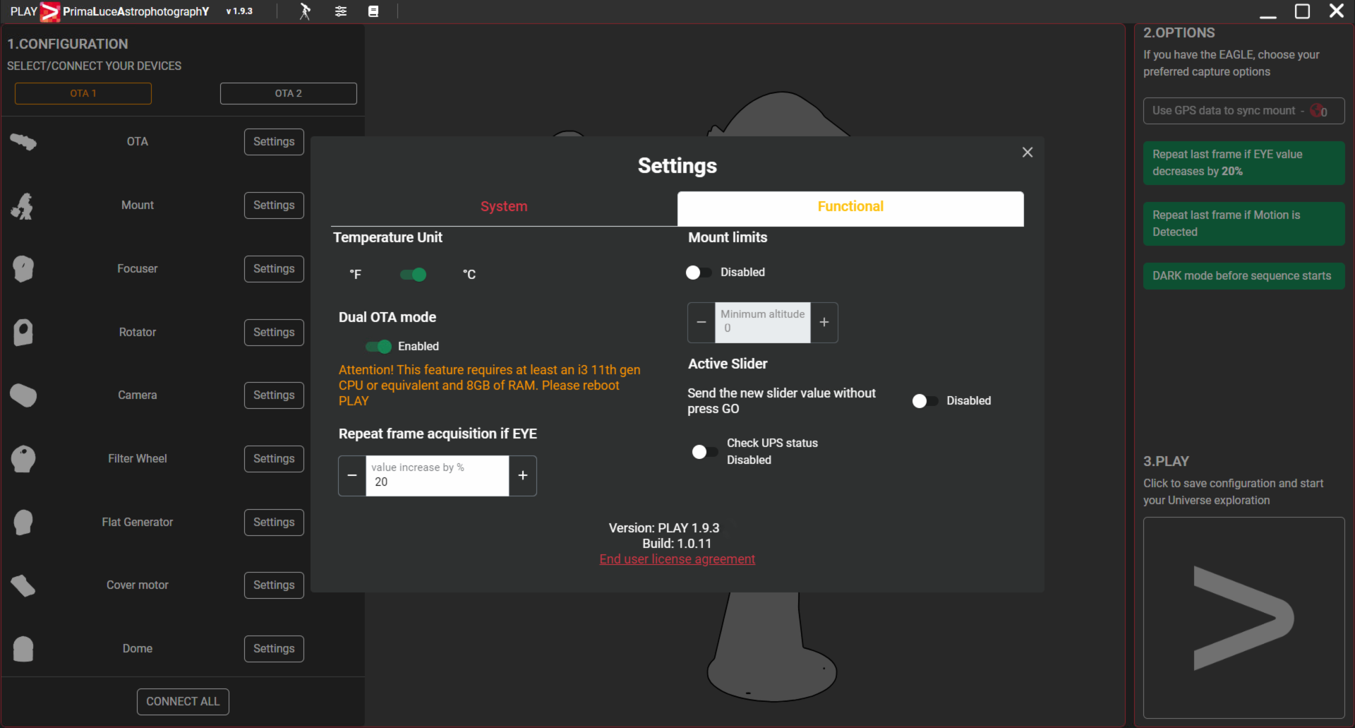 How to enable dual-telescope mode to simultaneously control 2 OTAs in PLAY