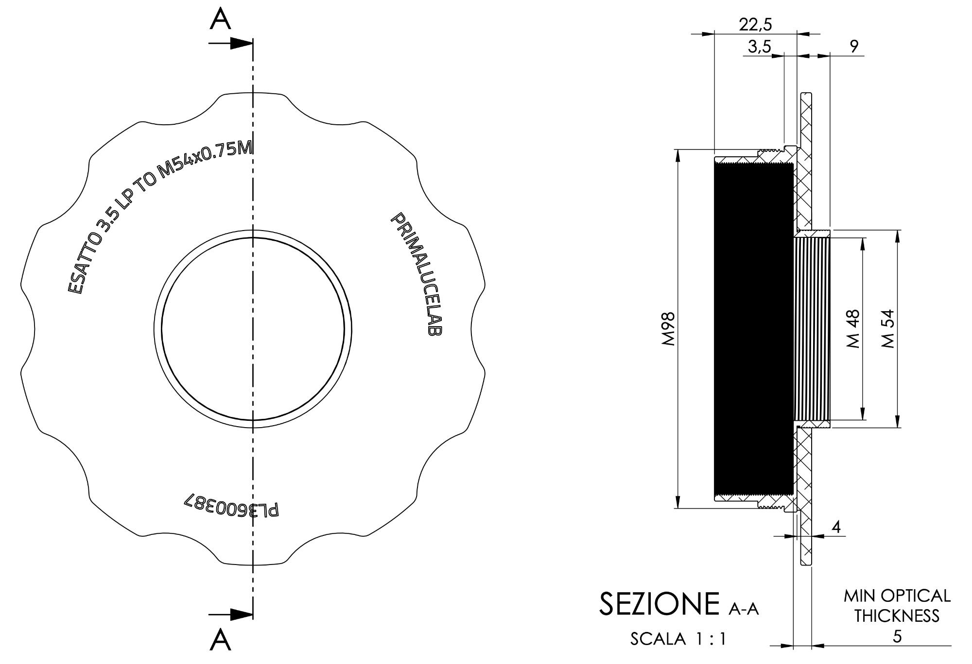 Adapter from M98 to M54 with stop ring for ESATTO 3,5” LP