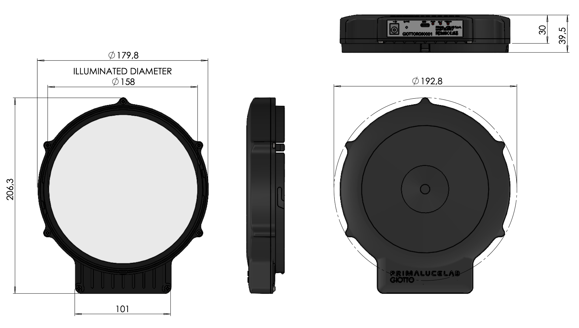 GIOTTO for Origin Smart Flat Field Generator - dimensions