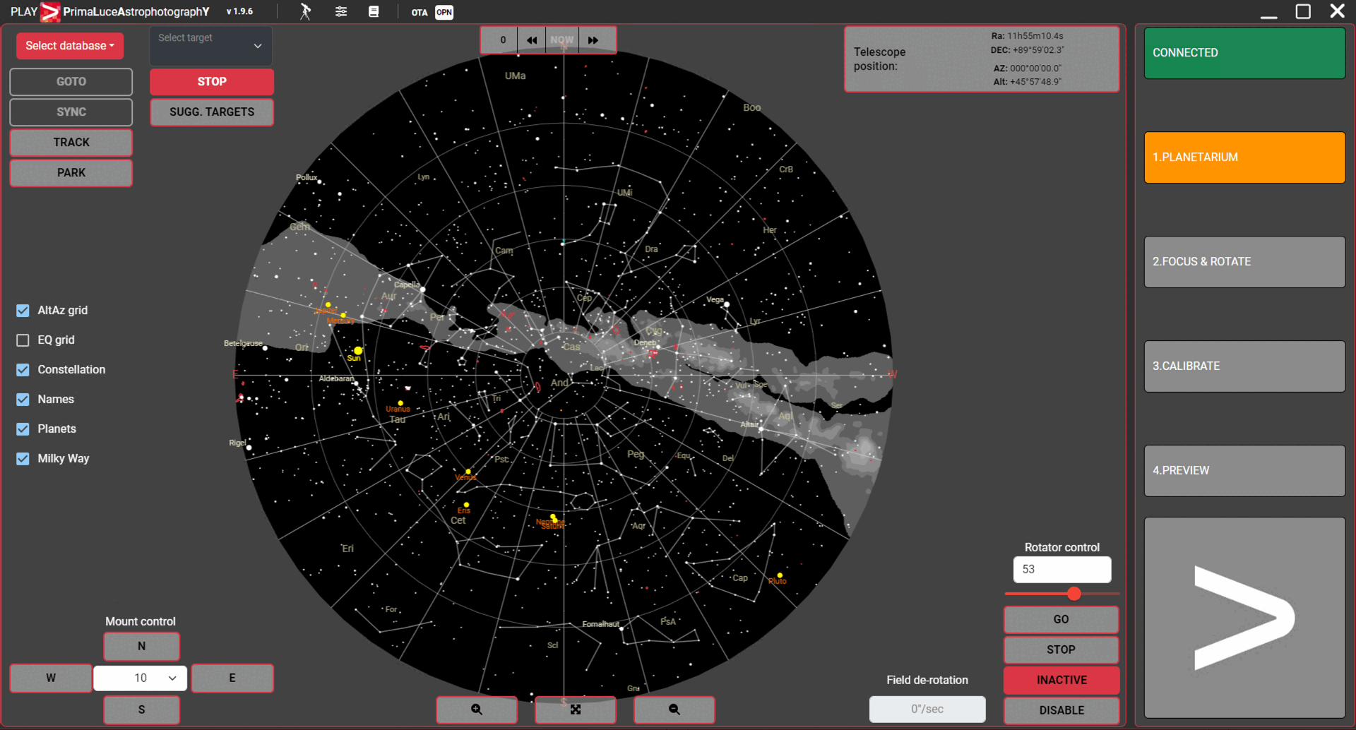 PLAY - Prima Luce AstrophotographY software: Planetarium sky chart