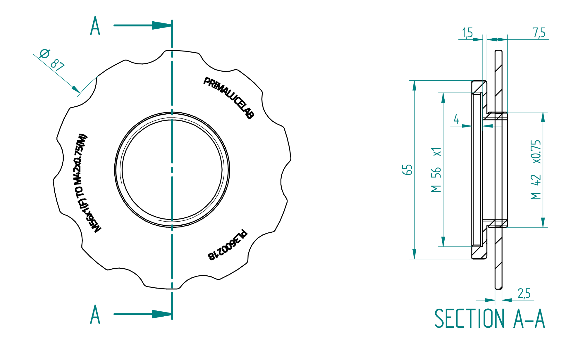 Adapter from M56 to T2 with stop ring for ESATTO 2" and ARCO 2"