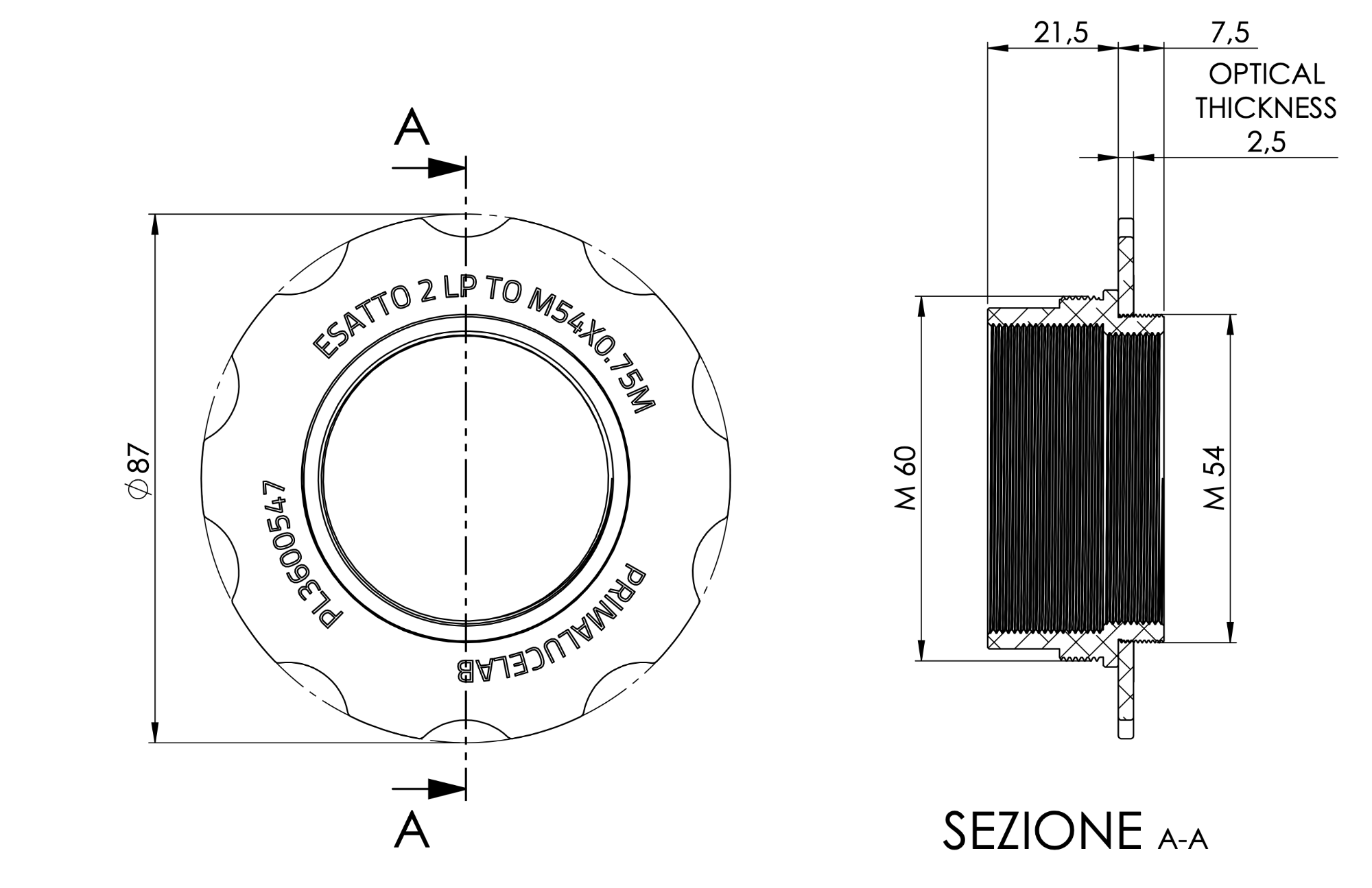 Adapter from M60 to M54 with stop ring for ESATTO 2 LP