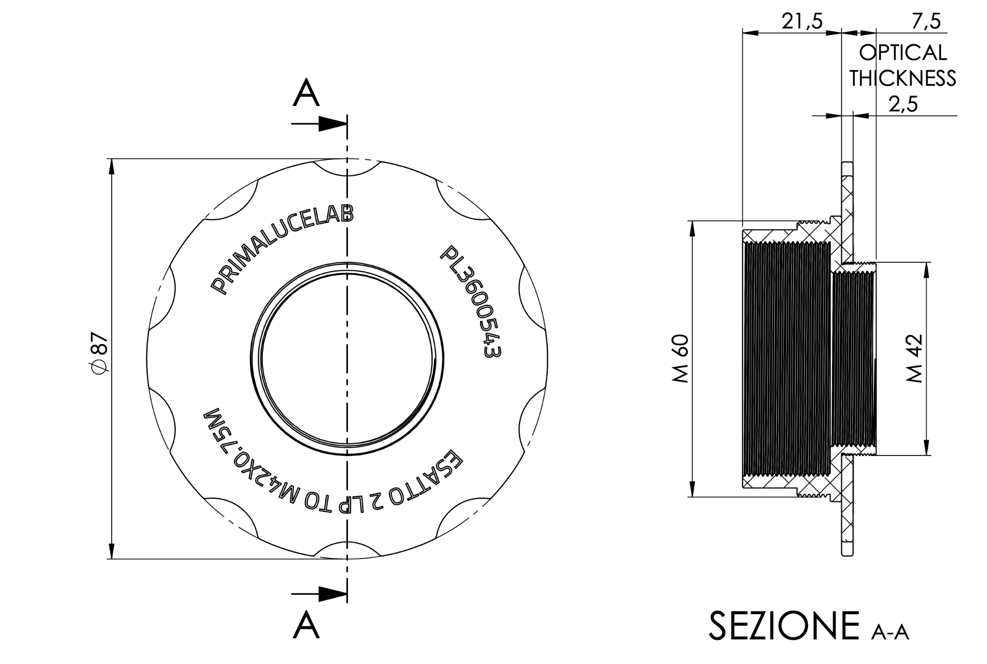 Adapter from M60 to T2 with stop ring for ESATTO 2 LP
