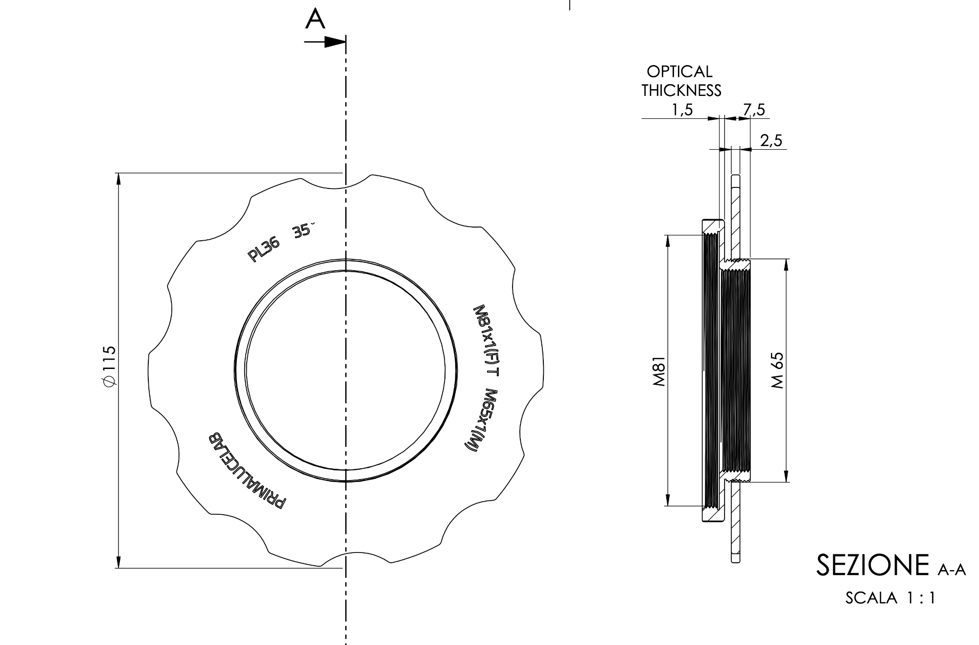 Adapter from M81 to M65 with stop ring for ESATTO 3 and ARCO 3