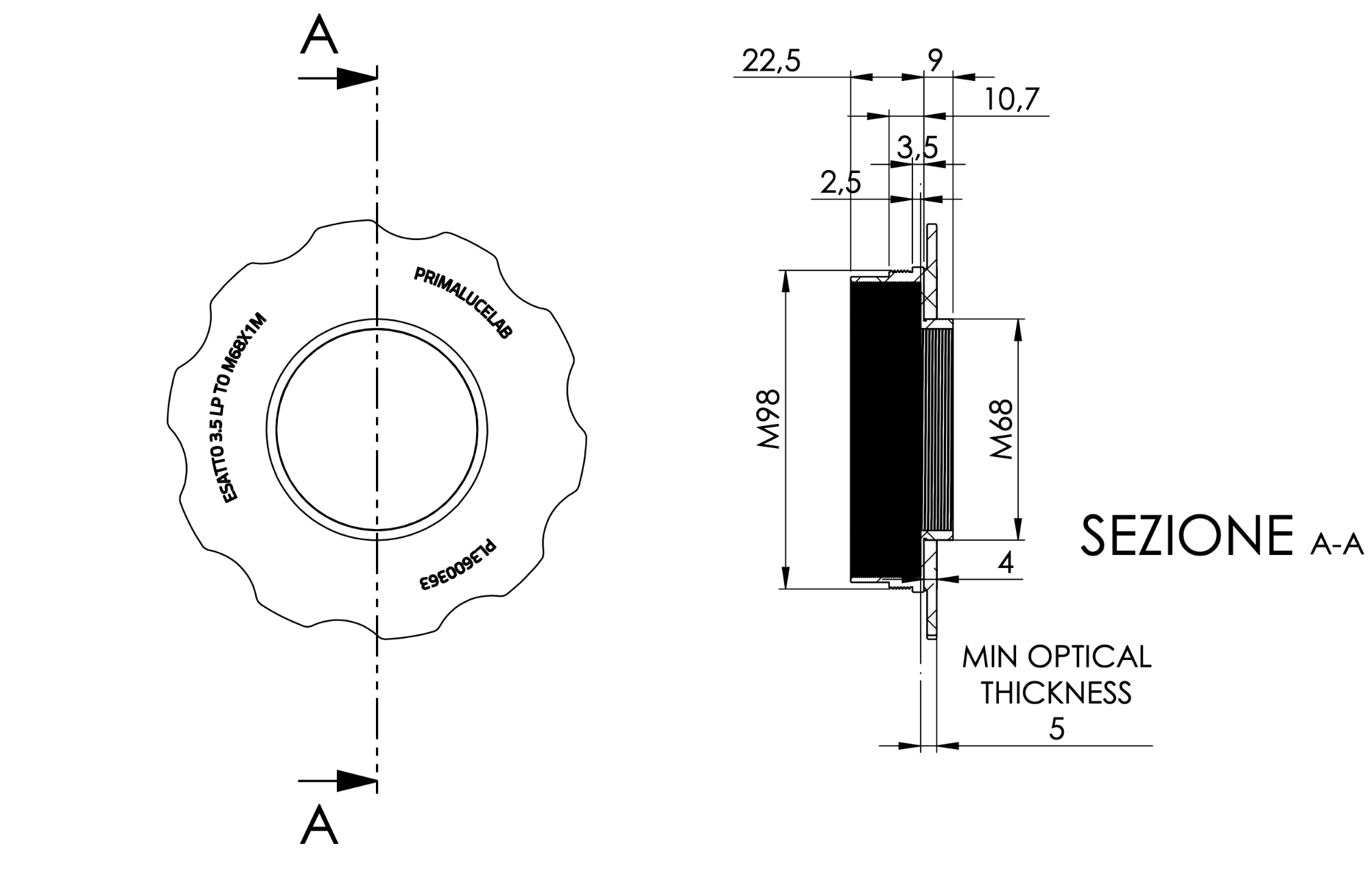 Adapter from M98 to M68 with stop ring for ESATTO 3,5” LP