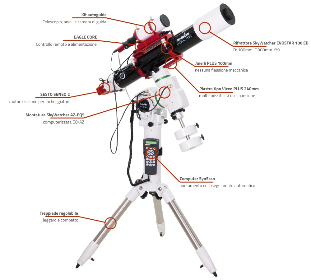 Telescopio rifrattore computerizzato SkyWatcher EVOSTAR 100 ED con AZ-EQ5 e EAGLE CORE Telescopio rifrattore computerizzato SkyWatcher EVOSTAR 100 ED con AZ-EQ5 e EAGLE CORE