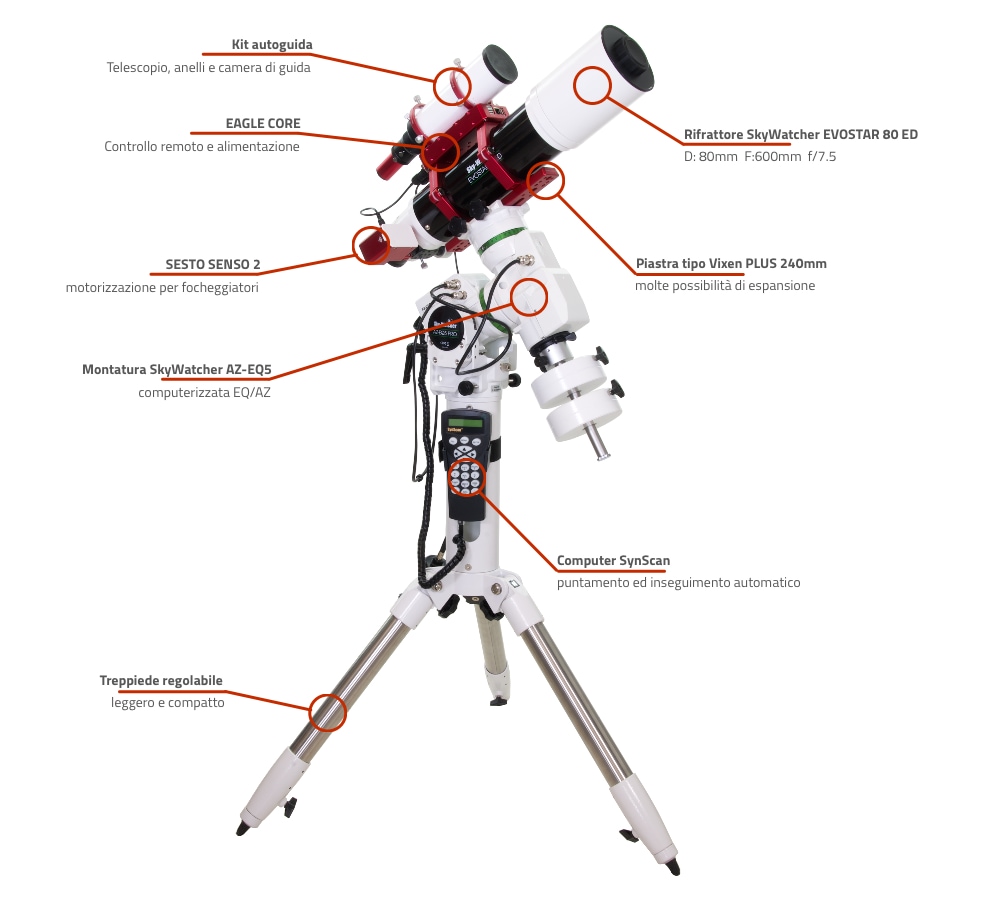 Telescopio rifrattore computerizzato SkyWatcher EVOSTAR 80 ED con AZ-EQ5 e EAGLE CORE Telescopio rifrattore computerizzato SkyWatcher EVOSTAR 80 ED con AZ-EQ5 e EAGLE CORE