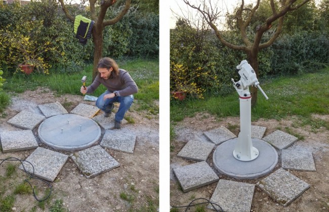 Un osservatorio nel giardino di casa: inserimento dei tasselli per la colonna (a sinistra) e montatura installata (a destra)