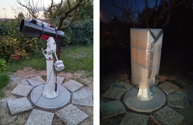 A Backyard Observatory: telescope ready to use (left) and waterproof structure that covers the mount (right)