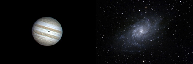 Telescope for astrophotography: left, a planetary image (Jupiter planet), right a deep-sky photography (M33 galaxy). Both recorded by the author.