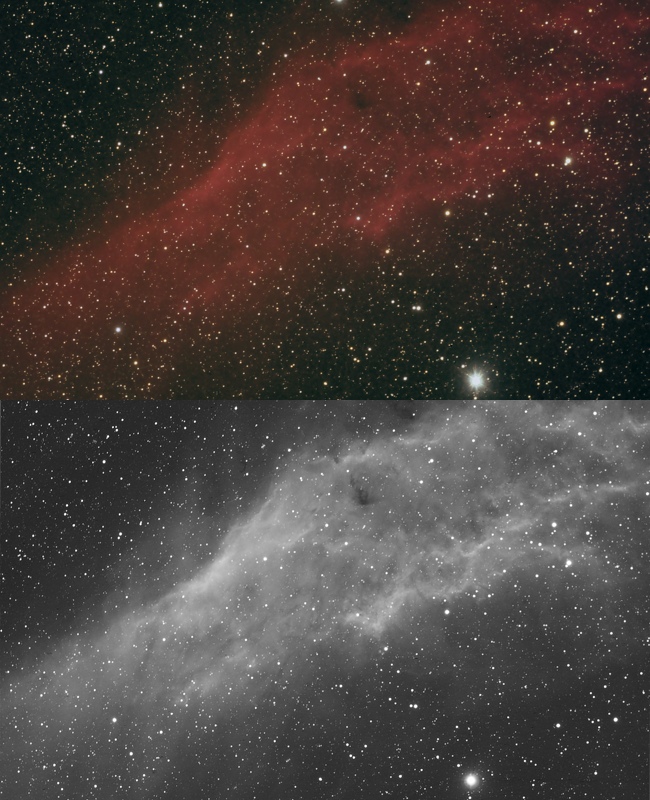 Astrophotography camera for deep-sky: California nebula recorded with QHY8L color CCD camera (above) and QHY9 mono CCD camera with H-alpha filter (below), both with AIRY APO80 telescope (recorded by Filippo Bradaschia and Omar Cauz).