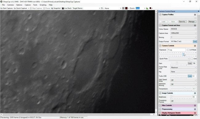 Il software SharpCap installato su EAGLE per la cattura dei video in alta risoluzione di Luna e pianeti.
