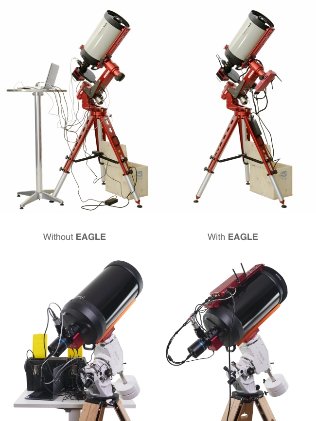 Improve your telescope cable management with EAGLE: the same telescope without the EAGLE (to the left) and with the EAGLE (to the right)