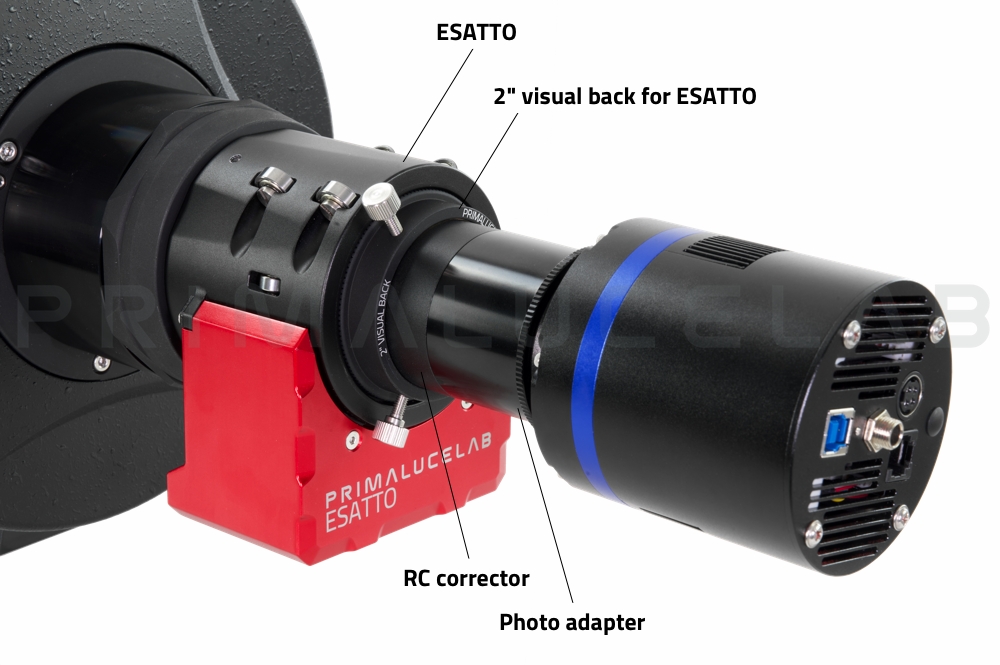 ESATTO come focheggiatore per Ritchey-Chretien: aggiungendo il portaoculari 2" ad ESATTO, potete utilizzare i correttori per telescopi Ritchey-Chretien GSO.
